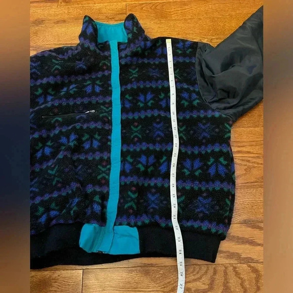 VTG LL Bean Warm Up Jacket Mens Teal Full Zip Fleece Lined Aztec Reversible Sz M - Picture 12 of 13